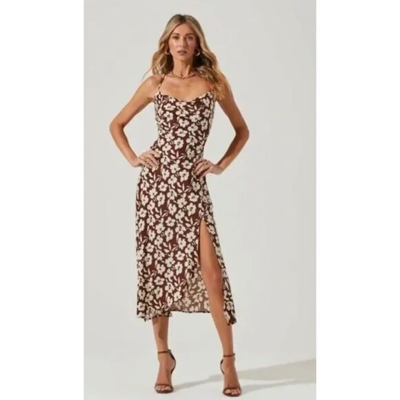 ASTR The Label Brown White Floral Cowl Midi Dress Size Small - Picture 1 of 5